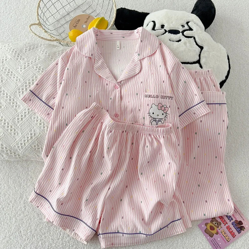 Hello Kitty Striped Pajama Set Sanrio Short Sleeve Shirt and Comfy Shorts Long Pants Leisure Home Clothing Anime Adorable Pink