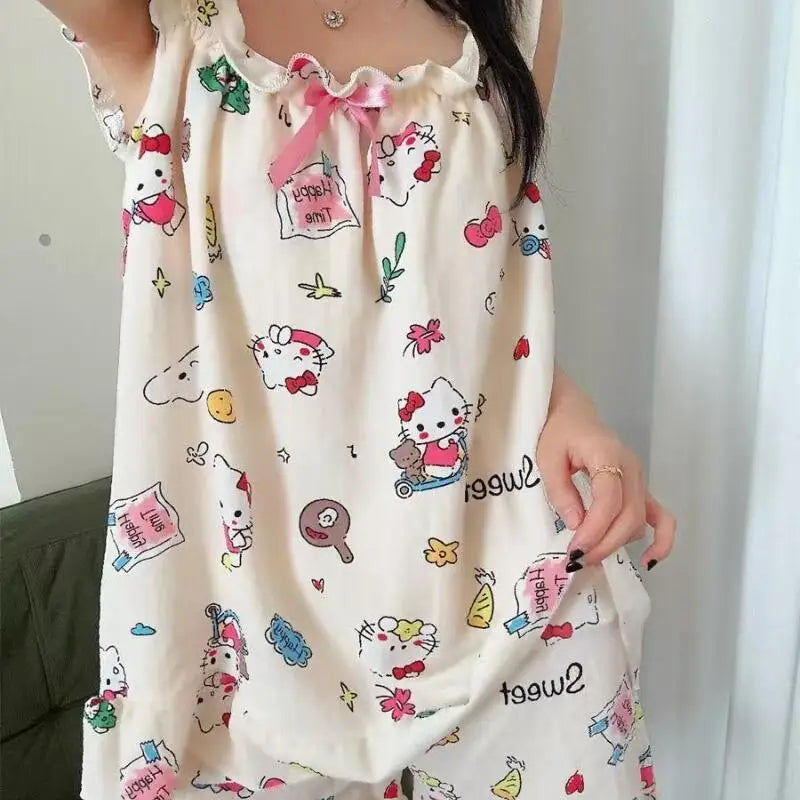 Hello Kitty Pajamas Sanrio Animation Kawaii Sweet Women's Sleeveless Tops Shorts Set Student Pajamas Comfortable Home Clothing