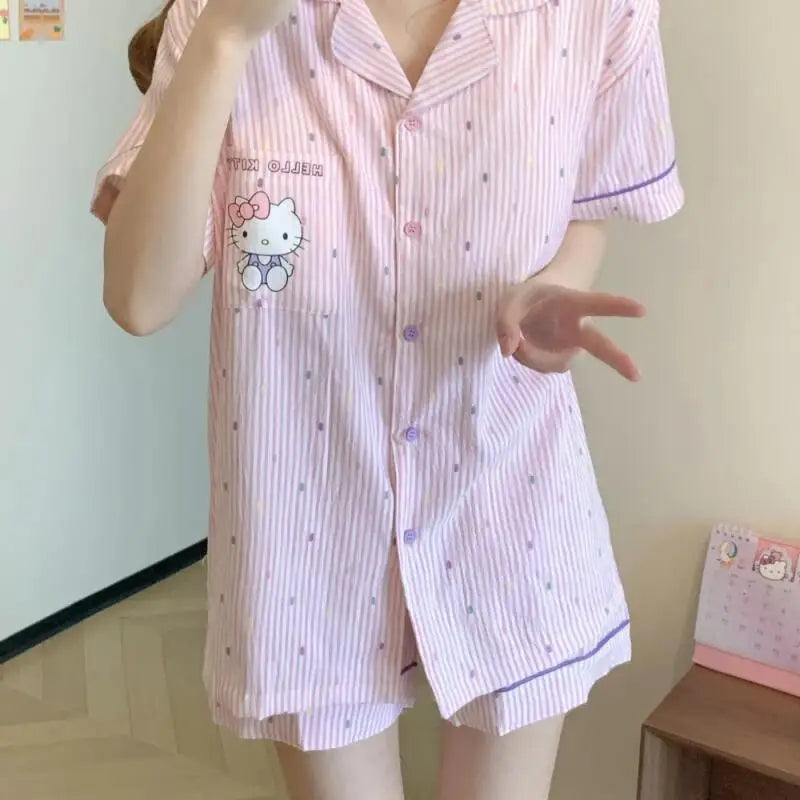 Hello Kitty Striped Pajama Set Sanrio Short Sleeve Shirt and Comfy Shorts Long Pants Leisure Home Clothing Anime Adorable Pink