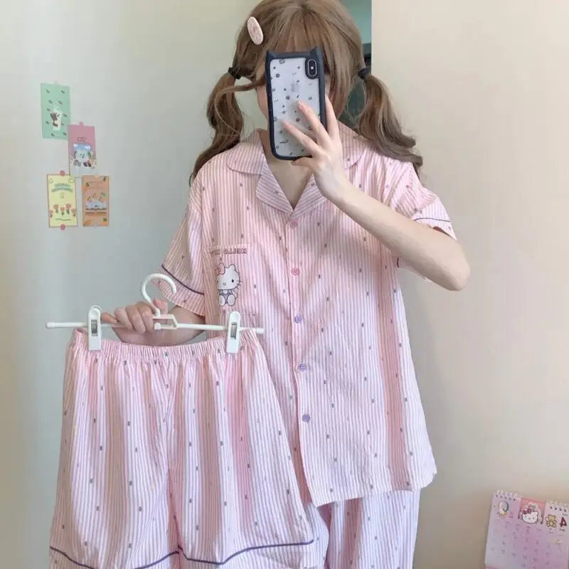 Hello Kitty Striped Pajama Set Sanrio Short Sleeve Shirt and Comfy Shorts Long Pants Leisure Home Clothing Anime Adorable Pink