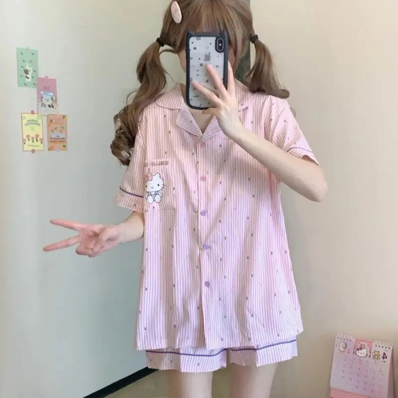 Hello Kitty Striped Pajama Set Sanrio Short Sleeve Shirt and Comfy Shorts Long Pants Leisure Home Clothing Anime Adorable Pink