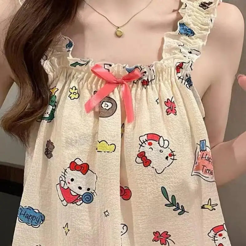 Hello Kitty Pajamas Sanrio Animation Kawaii Sweet Women's Sleeveless Tops Shorts Set Student Pajamas Comfortable Home Clothing