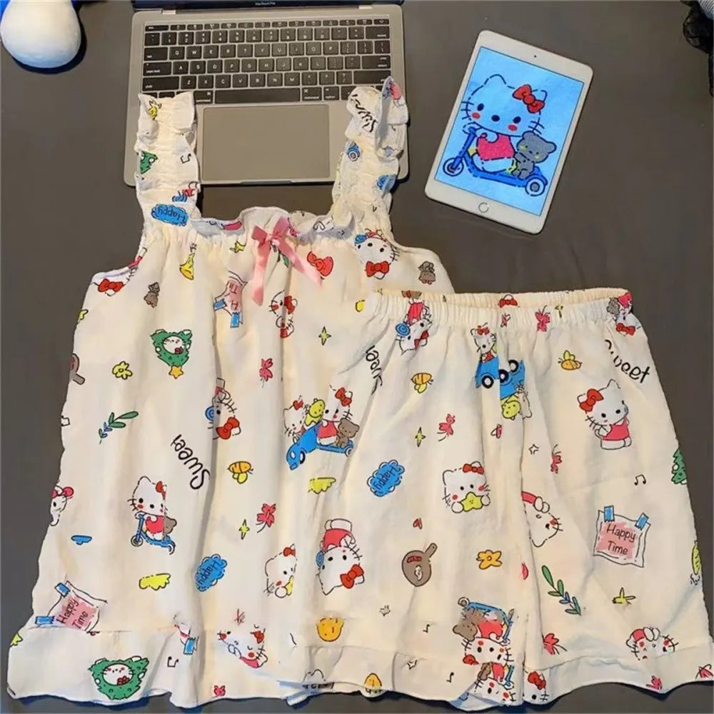 Hello Kitty Pajamas Sanrio Animation Kawaii Sweet Women's Sleeveless Tops Shorts Set Student Pajamas Comfortable Home Clothing