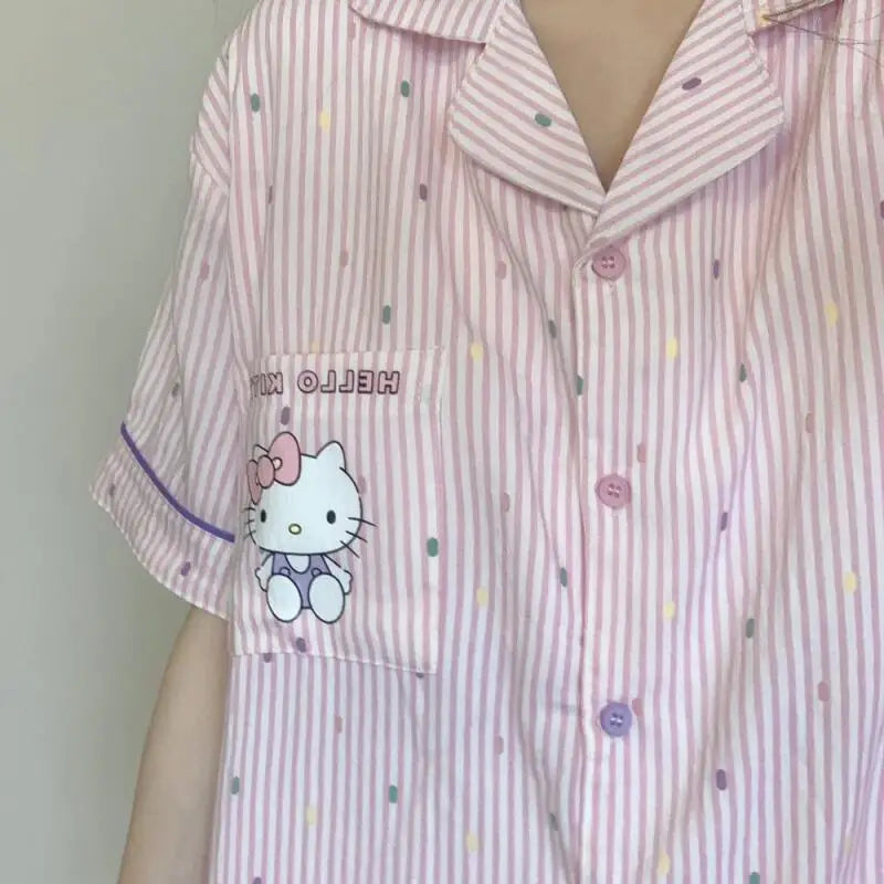 Hello Kitty Striped Pajama Set Sanrio Short Sleeve Shirt and Comfy Shorts Long Pants Leisure Home Clothing Anime Adorable Pink