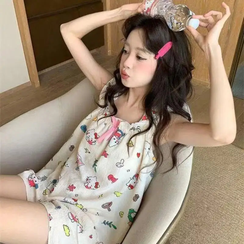 Hello Kitty Pajamas Sanrio Animation Kawaii Sweet Women's Sleeveless Tops Shorts Set Student Pajamas Comfortable Home Clothing