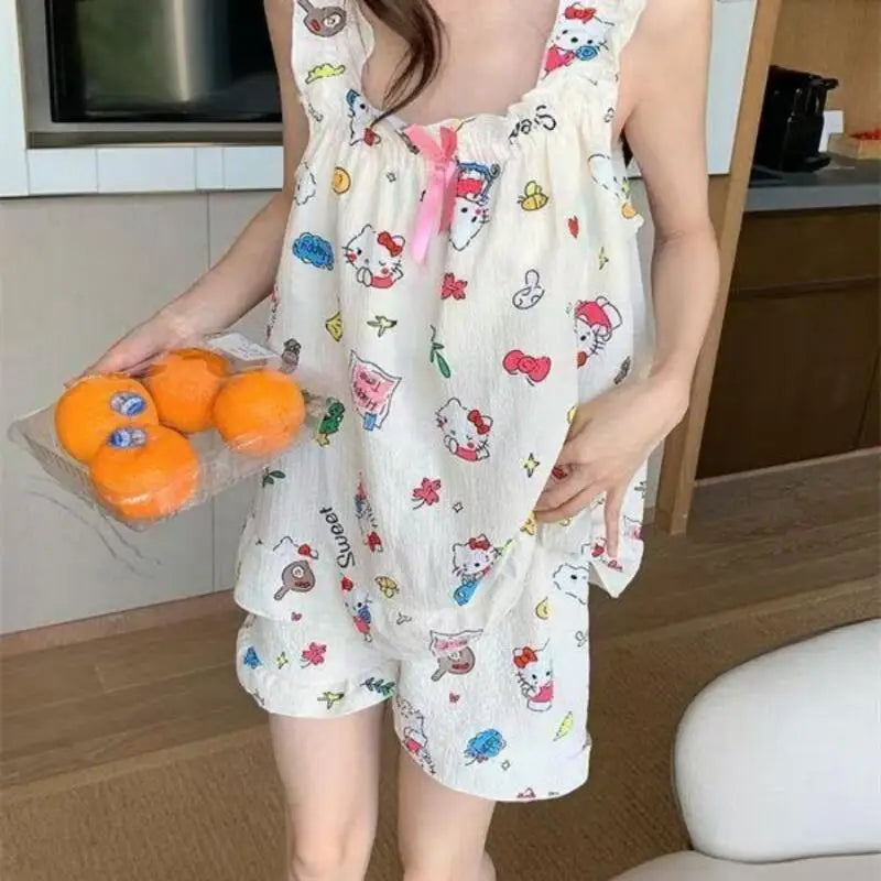 Hello Kitty Pajamas Sanrio Animation Kawaii Sweet Women's Sleeveless Tops Shorts Set Student Pajamas Comfortable Home Clothing