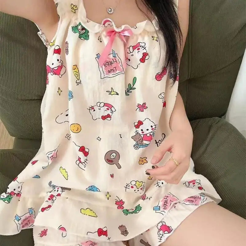 Hello Kitty Pajamas Sanrio Animation Kawaii Sweet Women's Sleeveless Tops Shorts Set Student Pajamas Comfortable Home Clothing